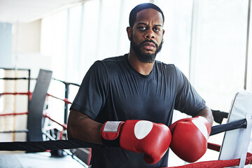 Black man, boxer and portrait for fitness, training or exercise workout ready for fight at gym....