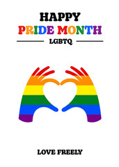 Happy Pride Month, LGBT flag in a hands-heart love gesture. Hand heart love gesture LGBT pride flag. Happy Pride Month vector design for web, social media, and Instagram stories.
