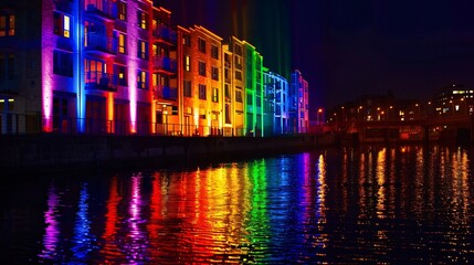 A nighttime city scene with buildings illuminated in rainbow colors for a pride celebration, reflecting off a nearby river