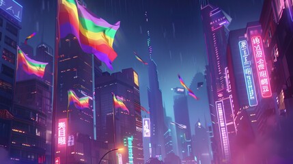A nighttime cityscape of a tech-city illuminated with neon lights, featuring pride flags and celebratory decorations