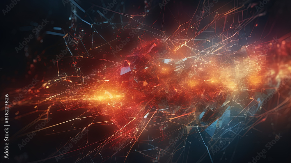 Aufkleber Abstract technology burst with glowing wires and particles in motion. Technology and science dynamic background.