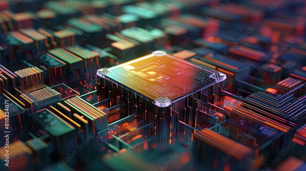 Poster abstract motherboard structure with blocks and chips in purple and blue neon lights. technology back