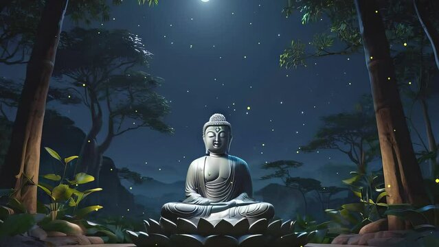 Buddha Statue Illuminated at Night: 4K Looping Background