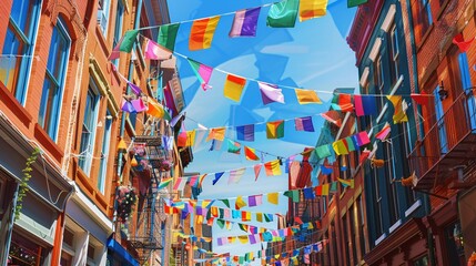 A vibrant cityscape adorned with colorful pride flags hanging from buildings, capturing the spirit of celebration