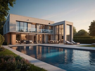 Fototapeta premium Modern residential district with green roof and balcony generated by AI