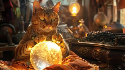 Fototapeta premium cat fortune teller gazes intently, paw resting on a crystal ball that illuminates the tent with mystical light