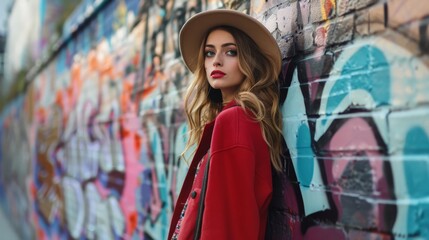 Naklejka premium Elegant woman in red jacket by graffiti wall, urban fashion scene. Perfect for editorial and fashion content