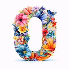 letter O, made of flowers and butterflies, isolated on white background