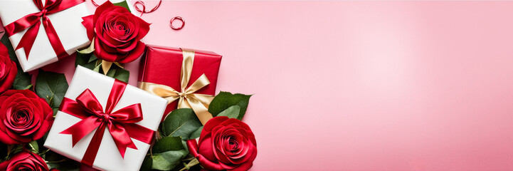 Banner background with roses and gifts.