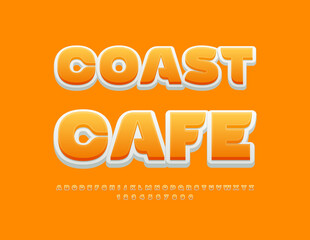 Vector advertising banner Coast Cafe. Sunny Yellow Font. Unique Alphabet Letters and Numbers set.