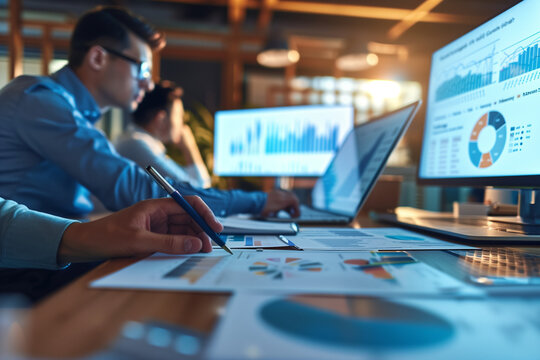 A male Accountant looks at a financial report, professional accounting company, digital marketing, optimization, guy calculating a sales margin