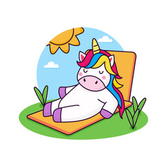 Cute cartoon unicorn sunbathing
