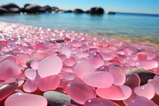Translucent pink pebbles on the sea beach. Vacation and wonders of nature concept. Closeup view for wallpaper, poster, banner