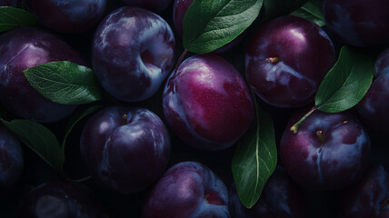 Close-up of fresh plums captured with their intense purple hues and shiny texture. Summer fruit