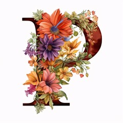 Capital letter P of the English alphabet with bouquets of flowers.