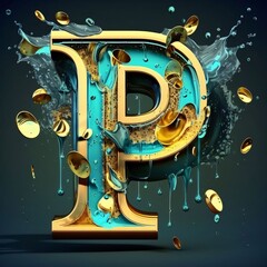 Fluid font. Letter P with splashes and drops. 3d render