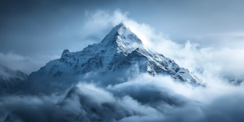 A mountain peak breaking through clouds, surrounded by negative space