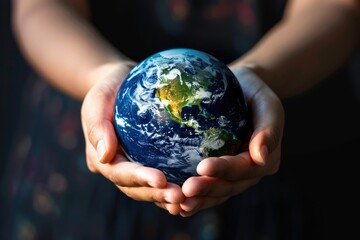 World Environment Day, Earth globe in woman's hands on a black background