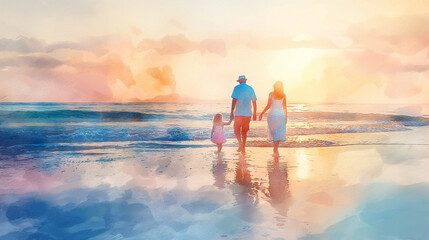 Happy family enjoying a leisurely walk on a beach