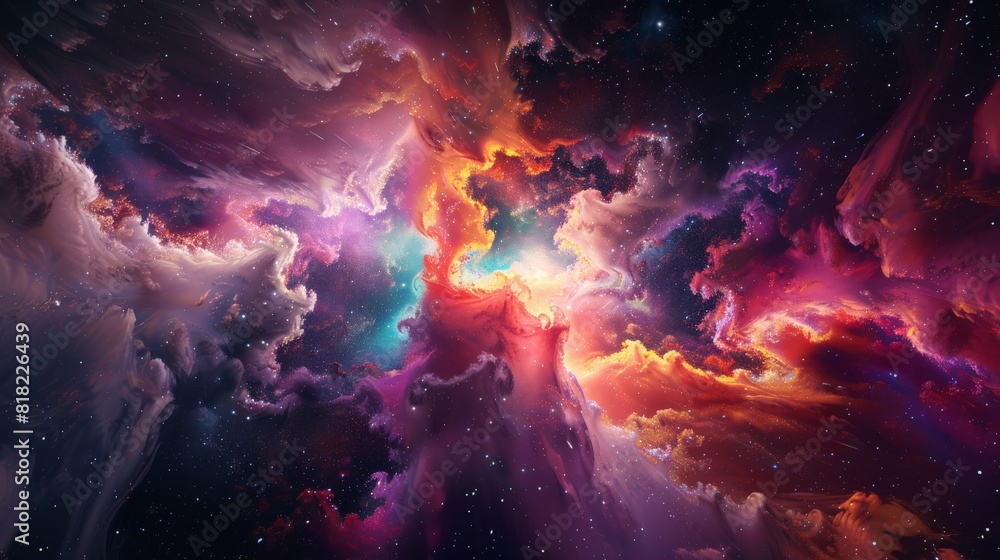 Poster stunning cosmic nebula with vibrant colors and dynamic motion, symbolizing creation and imagination
