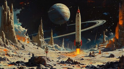 A space rocket launching from the surface of a mountainous alien planet landscape. Retro futuristic and science fiction concept. Vintage illustration for poster, card