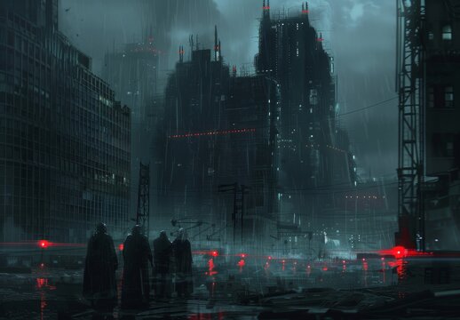 Create a dark, ominous scene of a dystopian society plagued by oppression, surveillance, and social unrest, illustrating the consequences of unchecked technological progress and societal inequalities,