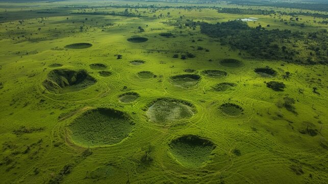 A wondrous and inexplicable sight of lush green circles in an otherwise unforgiving landscape leaving observers in awe.