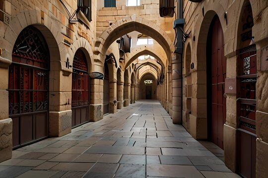 Jerusalem Christian Quarter. Suq Aftimos, the ceremonial gateway to the Muristan in the Old City in Jerusalem, Israel. The site was the location of the first hospital of the Knights Hospitaller during