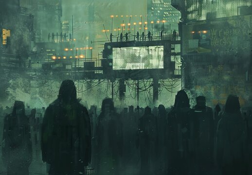 Create a dark, ominous scene of a dystopian society plagued by oppression, surveillance, and social unrest, illustrating the consequences of unchecked technological progress and societal inequalities,