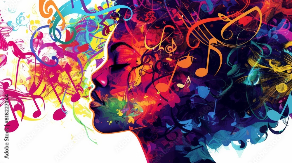 Poster Explosion of abstract music notes and vibrant colors symbolizing the energy of sound and rhythm. Perfect for creative arts and music themes