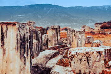 Ancient stone columns with scenic mountain background