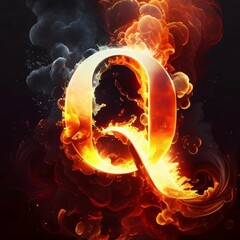 Flaming letter Q in the smoke. 3D illustration.