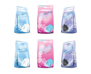 Free vector set of washing powder in sachet, paper package for white, black, colored clothing.