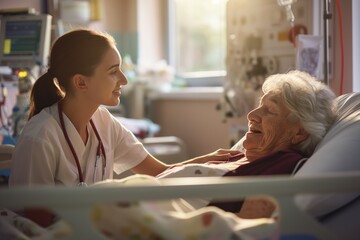 nurse assisting an elderly patient with a gentle smile in a well-lit hospital room
