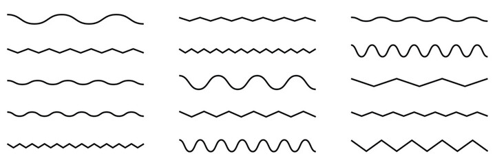 Wave line and wavy zigzag pattern lines. Vector black underlines, smooth end squiggly horizontal curvy squiggles on white background.