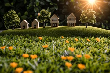 Obraz premium Small Houses Overlooking Green Field. Generative AI