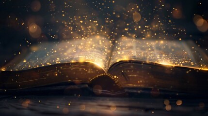 An open magic book made in fantasy style with lights and magic elements around