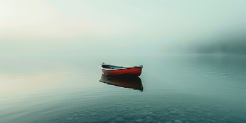 A single boat on a calm river with negative space