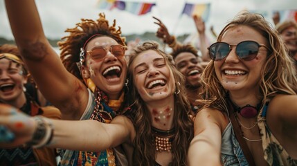 Several individuals smiling and posing together while taking a selfie using a smartphone at a lively music festival