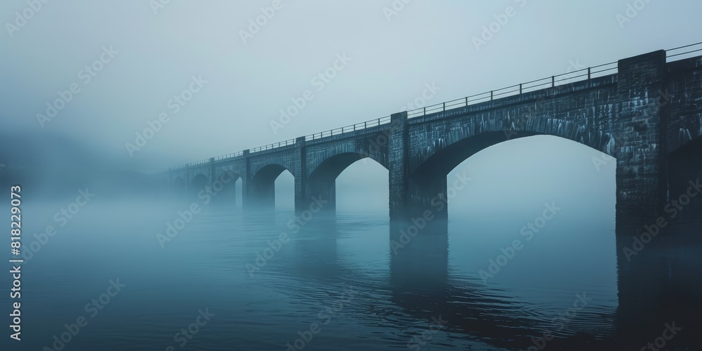 Poster a single bridge in the mist with negative space