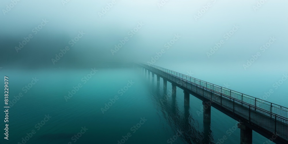 Poster a single bridge in the mist with negative space