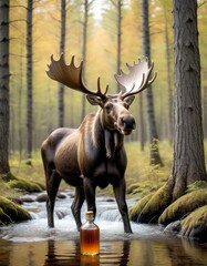 A whimsical depiction of a large moose standing in a forest stream, a bottle of whiskey at its hooves, surrounded by autumnal trees.