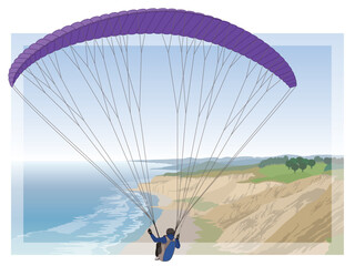 paragliding sport, glider flying with a purple fabric wing in the sky with water and beach below in the background