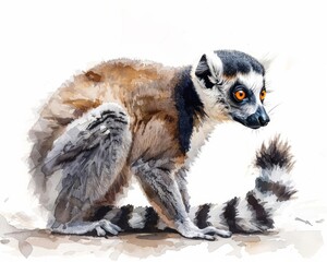 Striped tail lemur curiously looking watercolor illustration