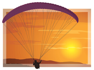 paragliding sport, glider flying with a fabric wing in a sunset sky with mountains below in the background