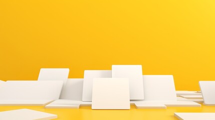 Vector illustration of blank white business cards on a vibrant yellow background, showcasing a 3d template for design visualization in business and marketing concepts.

