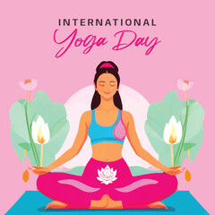 International Yoga day vector illustration with ladies doing yoga poses with lotus and green leaves
