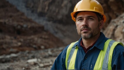 A mining engineer at a mine site. copy text, banner 
