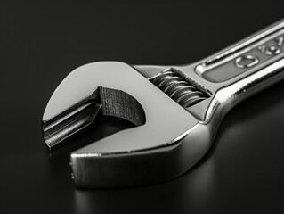 a chrome-plated adjustable wrench, with focus on the adjustable jaw mechanism