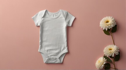 Gender neutral newborn bodysuit template mock up. Top view. Blank white cotton baby short sleeve bodysuit on pastel pink background with white flowers. Infant onesie mockup. 
